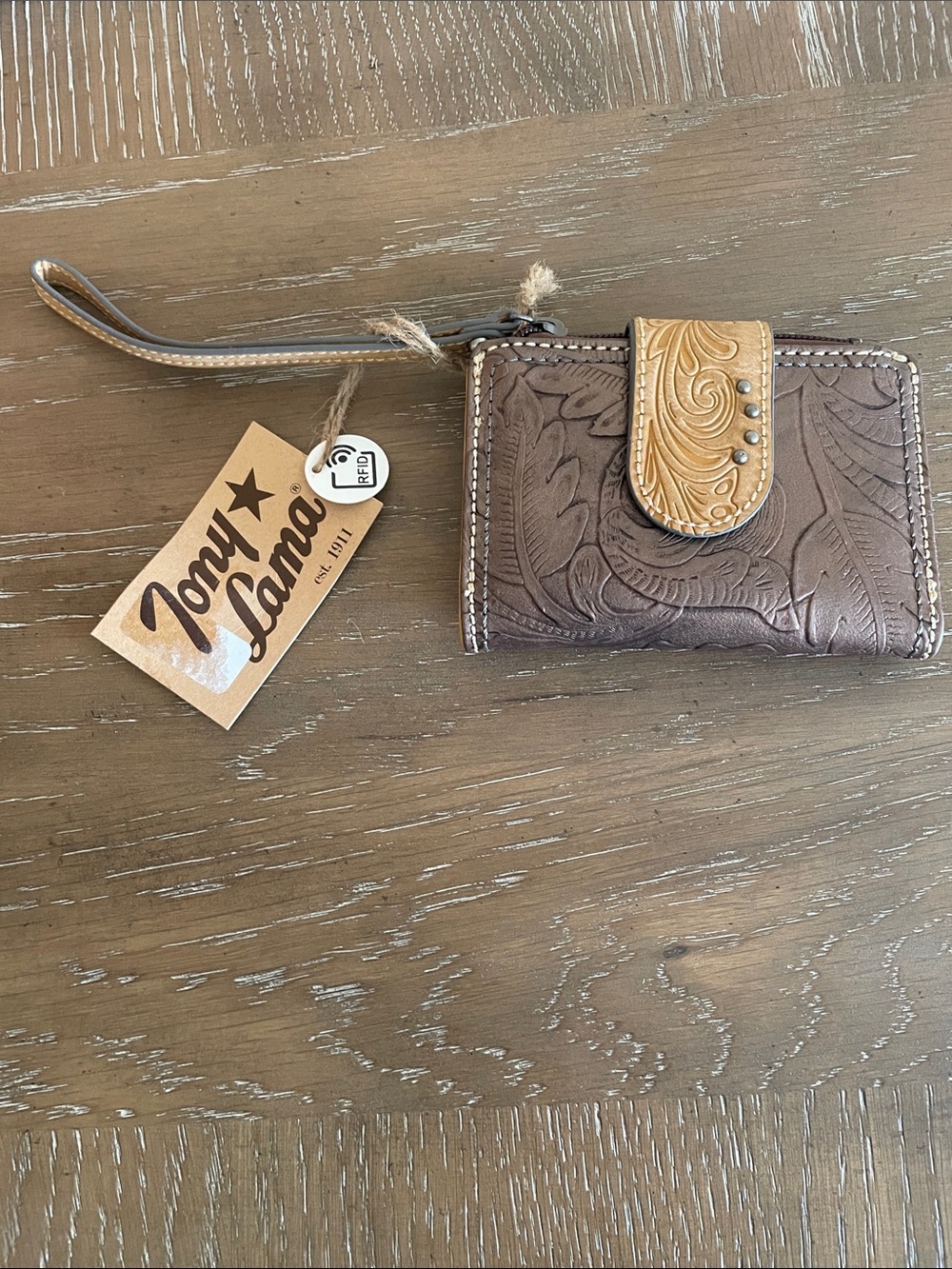 Tony Lama Brown Leather Tooled Wristlet with Tan Snap